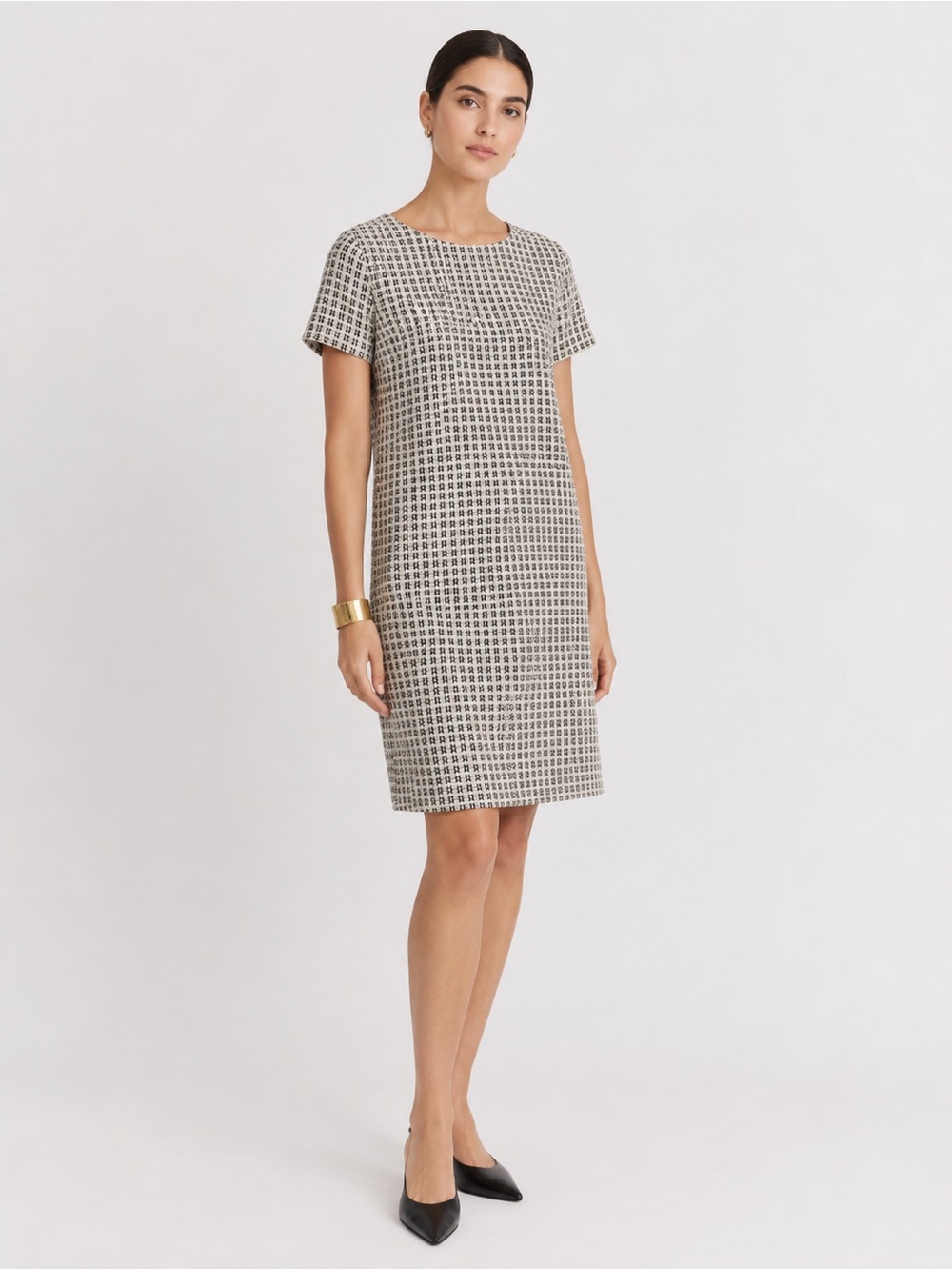 Isaac Mizrahi New York Black White Geo Knit Short Sleeve Shift Dress Size Large